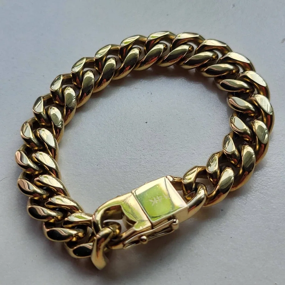 14K Gold Plated Stainless Steel Cuban Link Bracelet 8in Gold 12mm Thick